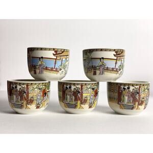 Vintage Porcelain Geisha Saki/Tea cups-set Of 5 Rare. Double Lizard Bottom Stamp